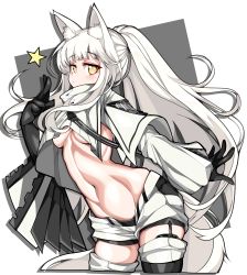 Rule 34 | 1girl, absurdres, animal ear fluff, animal ears, arknights, belt, black background, black gloves, blunt bangs, blush, boots, breasts, closed mouth, commentary request, cowboy shot, crop top, elbow gloves, gloves, godgamesc2, highres, horse ears, horse girl, horse tail, korean commentary, leaning forward, long hair, long sleeves, looking at viewer, medium breasts, navel, platinum (arknights), ponytail, revealing clothes, short shorts, shorts, solo, star (symbol), stomach, tail, thigh boots, thighhighs, two-tone background, underboob, v, very long hair, white background, white footwear, white hair, white shorts, yellow eyes