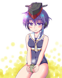 Rule 34 | 1girl, asymmetrical hair, black one-piece swimsuit, breast cutout, commentary request, cowboy shot, crop top, cup, framed breasts, hair between eyes, hat, headphones, i-13 (kancolle), izumi shara, kantai collection, one-piece swimsuit, purple eyes, purple hair, sailor collar, school swimsuit, short hair, sitting, solo, swimsuit, white sailor collar, yunomi