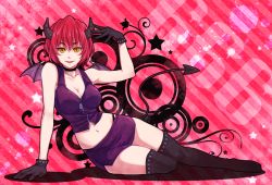 Rule 34 | 1girl, arm support, bare shoulders, bat wings, breasts, choker, cleavage, collarbone, demon girl, demon tail, gloves, horns, kashiwa mochi, kashiwa mochi (tsuni), large breasts, navel, open mouth, original, red hair, short hair, skirt, solo, tail, tank top, thighhighs, wings, yellow eyes, zipper