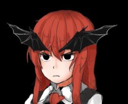Rule 34 | 1girl, bat wings, black background, black eyes, dress shirt, eyebrows, frown, fuente, koakuma, long hair, necktie, no ears, parody, portrait, red eyes, red hair, serious, shirt, simple background, solo, thick eyebrows, touhou, vest, white shirt, wings