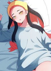 Rule 34 | 1girl, alternate hairstyle, black hair, blush, carmine (pokemon), commentary request, creatures (company), eyelashes, game freak, grey shirt, hairband, highres, kamidan, long hair, looking at viewer, lying, mole, mole under eye, multicolored hair, nintendo, on back, on bed, open mouth, pokemon, pokemon sv, red hair, shirt, single bare shoulder, solo, two-tone hair, yellow eyes, yellow hairband