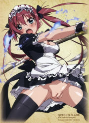 Rule 34 | 1girl, airi (queen&#039;s blade), aqua eyes, black thighhighs, blush, breasts, cleft of venus, dress, female focus, frills, hair ornament, hair ribbon, headdress, highres, long hair, maid, maid headdress, no panties, nude filter, open mouth, pussy, queen&#039;s blade, red hair, ribbon, scythe, skirt, solo, takamura kazuhiro, thighhighs, third-party edit, twintails, uncensored, weapon, wrist cuffs