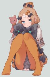 Rule 34 | 1girl, abigail williams (fate), abigail williams (winter caravan online 2021) (fate), absurdres, bandaid, bandaid on face, bandaid on forehead, blue eyes, bow, fate/grand order, fate (series), grey background, hair bow, hair bun, highres, kopaka (karda nui), looking at viewer, multiple hair bows, no shoes, official alternate costume, open mouth, orange pantyhose, pantyhose, simple background, single hair bun, sitting, sleeves past wrists, solo, stuffed animal, stuffed toy, teddy bear, winter caravan online 2021