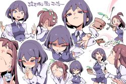 Rule 34 | 10s, 2girls, avery (little witch academia), breasts, brown hair, chris (mario), covering face, crying, embarrassed, closed eyes, faceless, flower, hair ornament, hairclip, half-closed eyes, hand on own hip, kagari atsuko, laughing, leaning forward, lily of the valley, little witch academia, long hair, magic, multiple girls, own hands together, plant, potted plant, purple eyes, purple hair, red eyes, school uniform, short hair, simple background, small breasts, smile, smirk, sweatdrop, tears, text focus, translation request, v, vest, white background, witch