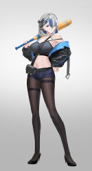 Rule 34 | 1girl, absurdres, bare shoulders, baseball bat, black footwear, black jacket, black pantyhose, blue eyes, blue hair, blue shorts, breasts, camisole, commentary request, crop top, full body, grey background, grey hair, grin, high heels, highres, holding, holding baseball bat, jacket, large breasts, long sleeves, looking at viewer, medium hair, midriff, multicolored hair, navel, off shoulder, open clothes, open jacket, original, pantyhose, shaobao (sdhx3728), short shorts, shorts, smile, solo, spaghetti strap, standing, stomach, thighs