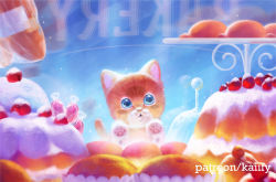 Rule 34 | :3, absurdres, animal, animal focus, bakery, blue eyes, blurry, cafe, cake, cat, commentary, concept art, dessert, english commentary, food, fruit, highres, icing, kaiify, kitten, no humans, original, pastry, patreon username, pet, shop, smile, strawberry