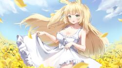 Rule 34 | 1girl, :3, absurdres, animal ears, bare shoulders, blonde hair, blue sky, blunt bangs, blurry, blush, breasts, cleavage, cloud, collarbone, commentary, commission, cowboy shot, day, depth of field, dress, falling petals, flower, frilled dress, frills, green eyes, highres, large breasts, long hair, looking at viewer, open mouth, original, outdoors, petals, same (samefgo), sidelocks, skirt hold, sky, sleeveless, sleeveless dress, solo, standing, sundress, twintails, white dress, wind, yellow flower