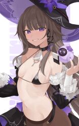 1girl absurdres bikini black_bikini black_hat breasts brown_hair commentary detached_sleeves flower grin hand_up hat hat_flower herta_(honkai:_star_rail) highres honkai:_star_rail honkai_(series) long_hair looking_at_viewer micro_bikini purple_eyes purple_flower small_breasts smile solo swimsuit the_herta_(honkai:_star_rail) upper_body weimiaw witch_hat