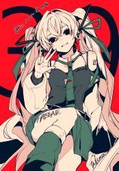 Rule 34 | 1girl, 39, 3kuma, bare shoulders, black eyes, commentary, crossed bangs, green necktie, green shirt, green skirt, green socks, hand up, hatsune miku, highres, long hair, long sleeves, looking at viewer, miku day, necktie, number tattoo, red background, shirt, signature, sitting, skirt, socks, solid circle eyes, solo, tattoo, tie clip, twintails, very long hair, vocaloid, w