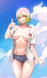 Rule 34 | 1girl, absurdres, bare legs, blue sky, bob cut, breasts, breasts apart, cloud, cloudy sky, collarbone, cowboy shot, cutoffs, day, denim, denim shorts, eyelashes, gradient hair, green hair, grin, hair between eyes, hand up, highres, jersey, limart, looking at viewer, medium breasts, multicolored hair, navel, navel piercing, open clothes, open shirt, original, outdoors, piercing, pink eyes, pink hair, scar, scar across eye, shirt, short hair, short sleeves, shorts, sky, smile, solo, standing, stomach, thigh gap, thumbs up, tsurime, white shirt