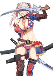 Rule 34 | 1girl, american flag bikini, american flag legwear, asymmetrical hair, asymmetrical legwear, bare shoulders, belt, bikini, blue eyes, blush, boots, breasts, brown footwear, brown gloves, buckle, bun cover, choker, cleavage, collarbone, commentary request, covering own eyes, cowboy shot, dual wielding, elbow gloves, fate/grand order, fate (series), fingerless gloves, flag print, front-tie bikini top, front-tie top, gloves, gluteal fold, gun, gunblade, hair bun, hair ornament, halterneck, holding, holding sword, holding weapon, kikunosukemaru, large breasts, long hair, looking at viewer, miyamoto musashi (fate), miyamoto musashi (fate/grand order), miyamoto musashi (swimsuit berserker) (fate), miyamoto musashi (swimsuit berserker) (second ascension) (fate), navel, open mouth, shrug (clothing), silver hair, simple background, single hair bun, skindentation, smile, solo, standing, star (symbol), stomach, string bikini, sweatdrop, swept bangs, swimsuit, sword, thigh boots, thigh strap, thighhighs, uneven legwear, weapon, white background