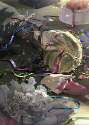 Rule 34 | 1boy, birthday cake, black jacket, blonde hair, blue eyes, bouquet, cake, commentary request, confetti, ddu 45, film grain, flower, food, frilled gloves, frills, gloves, hand on own stomach, highres, holding hands, hoshino ai (oshi no ko), jacket, kamiki hikaru, korean commentary, light particles, lying, male focus, on back, open clothes, open jacket, oshi no ko, parted lips, pink gloves, rose, short hair, solo focus, star-shaped pupils, star (symbol), symbol-shaped pupils, white flower, white rose