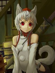 Rule 34 | 1girl, animal ears, bad id, bad pixiv id, bare shoulders, blush, book, chair, chin strap, detached sleeves, female focus, gishu, hat, inubashiri momiji, pom pom (clothes), red eyes, sheath, sheathed, short hair, silver hair, sitting, solo, stairs, sword, tail, tokin hat, touhou, weapon, window, wolf ears, wolf tail