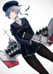 Rule 34 | 10s, 1girl, beret, black gloves, black pantyhose, blonde hair, blue eyes, chromatic aberration, clothes writing, cowboy shot, dress, dutch angle, gloves, hat, highres, kantai collection, machinery, pantyhose, rean (r ean), sailor dress, sailor hat, short hair, simple background, solo, white background, z1 leberecht maass (kancolle)
