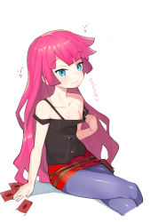 Rule 34 | 1girl, blue eyes, blue legwear, breasts, card, cropped legs, crossed legs, female focus, flashing, henry bird 9, kirishima romin, long hair, nipples, pencil skirt, pink hair, pulling own clothes, red skirt, simple background, sitting, skirt, small breasts, smile, solo, white background, yu-gi-oh!, yu-gi-oh! sevens
