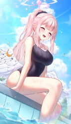 Rule 34 | 1girl, ^ ^, absurdres, arm support, bare legs, black one-piece swimsuit, blue archive, blush, breasts, closed eyes, feathered wings, hair ornament, hair scrunchie, halo, highres, large breasts, long hair, mika (blue archive), official alternate costume, one-piece swimsuit, pink hair, ponytail, pool, poolside, school swimsuit, scrunchie, sidelocks, smile, soaking feet, solo, soo ou, splashing, swimsuit, trinity general school swimsuit, very long hair, water drop, white wings, wings