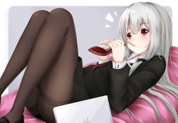 Rule 34 | 10s, 1girl, black dress, black footwear, blood, blood bag, blush, brown pantyhose, collared dress, commentary request, dress, drinking, grey background, grey hair, hair between eyes, holding, loafers, long hair, long sleeves, lying, mctom, notice lines, on back, pantyhose, red eyes, shoes, solo, sophie twilight, tablet pc, thighband pantyhose, tonari no kyuuketsuki-san, two-tone background, very long hair, white background