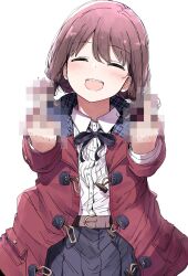 Rule 34 | 1girl, belt, belt buckle, blue ribbon, blue skirt, blush, brown belt, brown hair, buckle, censored, closed eyes, coat, collared shirt, double middle finger, dress shirt, girls band cry, highres, iseri nina, low twintails, middle finger, mosaic censoring, neck ribbon, nyoijizai, open clothes, open coat, open mouth, pleated skirt, red coat, ribbon, shirt, short hair, short twintails, simple background, skirt, smile, solo, teeth, twintails, unmoving pattern, upper teeth only, white background, white shirt
