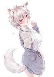 Rule 34 | 1girl, absurdres, animal ear fluff, animal ears, blue skirt, breasts, claw pose, collared shirt, cowboy shot, dress shirt, earrings, extra ears, fox ears, fox girl, fox tail, hair between eyes, hand in pocket, harui (hr x9 ), highres, jewelry, large breasts, long sleeves, looking at viewer, nail polish, off shoulder, open mouth, original, piercing, red eyes, shirt, short hair, signature, silver hair, simple background, skirt, solo, sweater, tail, white background