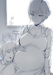 Rule 34 | 1boy, 2girls, baby, big belly, breasts, choker, closed mouth, collarbone, commentary, dress, english commentary, family, greyscale, hand on own stomach, hews, highres, large breasts, long sleeves, monochrome, mother and daughter, mother and son, multiple girls, pregnant, reina (tekken), short hair, sitting, sketch, smile, tagme, tekken, tekken 8, unfinished