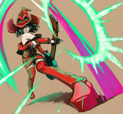 Rule 34 | 1girl, arc system works, bare shoulders, black hair, bob cut, boots, breasts, cleavage, detached sleeves, female focus, fingerless gloves, from below, full body, gloves, green eyes, guilty gear, guitar, hair over one eye, hat, i-no, instrument, leather, lipstick, makeup, mole, red hat, red thighhighs, short hair, solo, thigh boots, thighhighs, weapon, witch hat, ysk!, zettai ryouiki