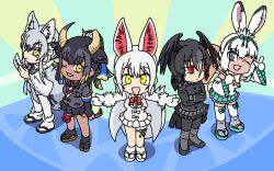 Rule 34 | 5girls, :d, animal ears, arm at side, arm up, bird ears, bird girl, bird wings, blonde hair, bow, bowtie, broken horn, chibi, closed mouth, crossed arms, dark-skinned female, dark skin, detached sleeves, expressionless, extra ears, fingerless gloves, fox ears, fox girl, fox tail, fur collar, geta, gloves, goshingyu-sama (kemono friends), green eyes, grey eyes, grey hair, grey horns, greyscale, hair between eyes, hairband, hand up, head wings, holding, holding mallet, horizontal pupils, horns, index finger raised, jacket, japanese clothes, kemono friends, kemono friends 3, kimono, kine, leaning forward, legs apart, light smile, long hair, long sleeves, looking at viewer, makami (kemono friends), mallet, monochrome, multicolored hair, multicolored horns, multiple girls, neck ribbon, oinari-sama (kemono friends), okobo, one eye closed, open mouth, outstretched arms, over shoulder, ox ears, ox girl, ox horns, ox tail, pantyhose, rabbit ears, rabbit girl, rabbit tail, red bow, red bowtie, red eyes, ribbon, sandals, shirt, short sleeves, side-by-side, skirt, smile, spread arms, srd (srdsrd01), standing, tabi, tail, thigh strap, thighhighs, tsukuyomi shinshi (kemono friends), two-tone hair, very long hair, white hair, wide sleeves, wings, wolf ears, wolf girl, wolf tail, yatagarasu (kemono friends), yellow eyes, yellow horns, zettai ryouiki
