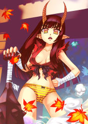 Rule 34 | 1girl, absurdres, animal print, autumn leaves, bandages, bow, bow panties, brown hair, club, club (weapon), demon girl, fang, hand on own hip, highres, horns, kanabou, leaf, long hair, navel, oni, open mouth, original, panties, pointy ears, red oni, ringed eyes, sentarou, solo, striped clothes, striped panties, tiger print, underwear, weapon, wrist wrap, yellow eyes