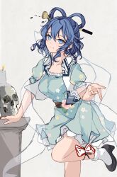 Rule 34 | 1girl, absurdres, blue dress, blue eyes, blue hair, breasts, candle, dress, floral print, foot out of frame, hair rings, highres, kaku seiga, light blush, light smile, looking at viewer, medium breasts, orchid (orukido), simple background, skull, solo, standing, standing on one leg, touhou, white background