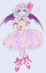 Rule 34 | 1girl, bat wings, blue hair, brooch, dress, eating, food, full body, hat, hat ribbon, highres, jewelry, looking at viewer, mob cap, musical note, open mouth, pink dress, popcorn, puffy short sleeves, puffy sleeves, quaver, red eyes, remilia scarlet, ribbon, rosette (roze-ko), short sleeves, smile, solo, spoken musical note, touhou, wings, wrist ribbon