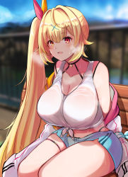 Rule 34 | 10eki (tenchou), 1girl, absurdres, bench, blonde hair, blue shorts, blurry, blurry background, breasts, breath, cleavage, commentary request, day, hair intakes, hair ornament, hair ribbon, highres, hoshikawa sara, hoshikawa sara (1st costume), jacket, jewelry, large breasts, navel, necklace, nijisanji, open mouth, orange eyes, outdoors, park bench, ponytail, railing, ribbon, short shorts, shorts, side ponytail, sitting, solo, sweat, tank top, thigh strap, thighs, unworn jacket, virtual youtuber, wet, white jacket, white tank top, x hair ornament