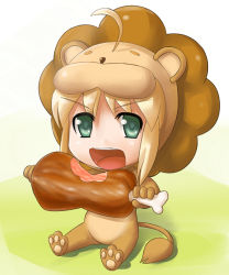 Rule 34 | 1girl, ahoge, animal costume, artoria pendragon (fate), blonde hair, boned meat, chibi, cosplay, fate/stay night, fate/tiger colosseum, fate (series), food, green eyes, lion, looking at viewer, meat, mister donut, open mouth, pon de lion, pon de lion (cosplay), saber (fate), saber lion, sitting, solo, sugar (sugarless), white background