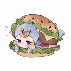 Rule 34 | 1boy, blonde hair, blue eyes, burger, chakanyuantu, cheese, chibi, food, highres, horseshoe, johnny joestar, jojo no kimyou na bouken, lettuce, looking at viewer, meat, oversized food, oversized object, shadow, simple background, solo, steel ball run, tears, white background
