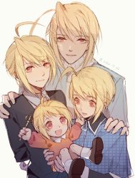 Rule 34 | 4boys, :d, absurdres, ahoge, blonde hair, c52278, child, closed mouth, highres, holding, hotori tadase, looking at viewer, male focus, multiple boys, multiple persona, open mouth, red eyes, shoes, shugo chara!, smile, sweater