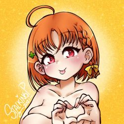 Rule 34 | 1girl, :p, artist name, artist request, bare shoulders, blush, bow, braid, breasts, clover hair ornament, collarbone, female focus, hair bow, hair ornament, heart, heart hands, looking at viewer, love live!, love live! sunshine!!, medium breasts, orange hair, parted lips, red eyes, short hair, side braid, single braid, smile, solo, takami chika, tongue, tongue out, yellow background, yellow bow