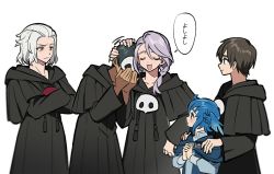 Rule 34 | 1girl, 4boys, adventurer (ff14), black capelet, black hair, black robe, blue capelet, blue eyes, blue hair, braid, brooch, brown hair, capelet, chinese commentary, closed eyes, collarbone, commentary request, covered face, covering face, cowboy shot, crossed arms, emet-selch, feathered wings, final fantasy, final fantasy xiv, hand on another&#039;s head, hands on another&#039;s shoulders, hands on own face, hands up, head wings, headpat, hermes (ff14), hood, hood down, hooded capelet, hythlodaeus, interlocked fingers, jewelry, long sleeves, looking at another, male focus, mask, unworn mask, medium hair, meteion, motion lines, multiple boys, open mouth, own hands clasped, own hands together, profile, purple hair, raised eyebrow, robe, short hair, side braid, simple background, single braid, smile, speech bubble, standing, swept bangs, translated, warrior of light (ff14), white background, white hair, wide sleeves, wings, wuliu heihuo, yellow eyes