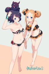 Rule 34 | 2girls, abigail williams (fate), bandeau, bare shoulders, bikini, blue eyes, breasts, double bun, echo (circa), fate/grand order, fate (series), forehead, frilled bikini, frills, hair bun, holding hands, katsushika hokusai (fate), katsushika hokusai (painting summer) (fate), medium breasts, multiple girls, navel, official alternate costume, parted bangs, pout, short hair, strapless, strapless bikini, swimsuit, v-shaped eyebrows