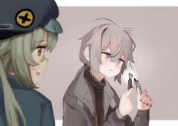 Rule 34 | 2girls, alternate costume, bandaid, bandaid on face, bandaid on nose, beret, black jacket, blush, brown eyes, commentary request, crossed bangs, girls&#039; frontline, grey background, grey hair, hair between eyes, hat, holding, holding pen, hs2000 (girls&#039; frontline), jacket, long sleeves, looking at another, looking at object, m200 (girls&#039; frontline), meta0614, multiple girls, open mouth, pen, ponytail, purple eyes, upper body