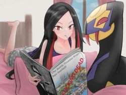 Rule 34 | 1girl, battle frontier (pokemon), bed, black hair, bloomers, censored, creatures (company), curtains, cushion, drawfag, frontier brain, game freak, gen 1 pokemon, gen 3 pokemon, highres, identity censor, joe merrick, long hair, lucy (pokemon), magazine (object), nintendo, pikachu, pokemon, pokemon (creature), pokemon emerald, pokemon rse, reading, red eyes, red hair, seviper, snake, tagme, underwear, window