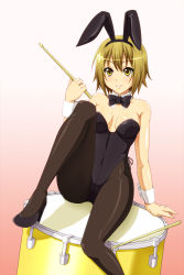 Rule 34 | 00s, 1girl, alternate hairstyle, animal ears, arm support, bare shoulders, blush, bow, bowtie, breasts, brown eyes, brown hair, brown pantyhose, cleavage, detached collar, drum, drumsticks, fake animal ears, female focus, highres, holding, instrument, k-on!, leotard, medium breasts, pantyhose, playboy bunny, rabbit ears, shadow, shoes, short hair, sitting, smile, solo, surume (clavis), tainaka ritsu, wrist cuffs, yellow eyes