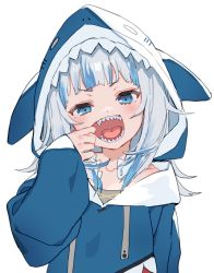 Rule 34 | 1girl, animal hood, blue eyes, blue hair, blue jacket, finger in own mouth, gawr gura, gawr gura (1st costume), hololive, hololive english, hood, izumi sai, jacket, long sleeves, looking at viewer, mouth pull, multicolored hair, open mouth, shark hood, sharp teeth, short hair, simple background, solo, teeth, two-tone hair, upper body, virtual youtuber, white background, white hair
