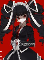 Rule 34 | 1girl, black hair, black skirt, blunt bangs, bonnet, card, celestia ludenberg, center frills, commentary, danganronpa: trigger happy havoc, danganronpa (series), drill hair, earrings, fingers together, frills, gothic lolita, heart, highres, jacket, jewelry, lace trim, lolita fashion, long hair, long sleeves, looking at viewer, nail polish, necktie, print necktie, print neckwear, red background, red eyes, red necktie, ribbon, shirt, simple background, skirt, smile, solo, togeticisa, twin drills, twintails, white shirt