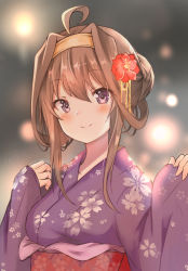 Rule 34 | 10s, 1girl, absurdres, ahoge, blush, breasts, brown hair, closed mouth, festival, flower, hair between eyes, hair flower, hair ornament, hairband, hands up, highres, japanese clothes, kantai collection, kanzashi, kimono, kongou (kancolle), long hair, looking at viewer, medium breasts, obi, outdoors, purple eyes, purple kimono, red flower, sash, shibakame, sidelocks, sleeves past wrists, smile, solo, upper body, wide sleeves