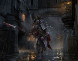 Rule 34 | 1boy, arm guards, armor, blood, blood on clothes, bloody weapon, boots, box, brown footwear, champion of the perished, daarkenart, fantasy, goth fashion, highres, holding, holding sword, holding weapon, horror (theme), leather armor, magic: the gathering, male focus, rain, rotting, sharp teeth, shoulder armor, shoulder spikes, single boot, soldier, spikes, sword, teeth, water drop, weapon, zombie