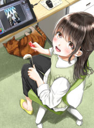 Rule 34 | 1girl, black hair, black pants, brown eyes, capri pants, carpet, cat, cat teaser, chair, commentary request, desk, drawing tablet, from above, half updo, highres, long hair, long sleeves, looking at viewer, looking up, mouse (animal), mousepad (object), office chair, open mouth, original, pants, shirt, signature, slippers, solo, soragane (banisinngurei), sweatdrop, sweater vest, swivel chair, teeth, upper teeth only, white shirt, yellow footwear