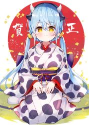 Rule 34 | 1girl, animal ears, animal print, black hairband, blue hair, blush, breasts, chinese zodiac, closed mouth, commentary request, copyright request, cow ears, cow girl, cow horns, cow print, hair between eyes, hair ornament, hair scrunchie, hairband, highres, horns, japanese clothes, kimono, long hair, long sleeves, looking at viewer, low twintails, medium breasts, meito (maze), obi, print kimono, sash, scrunchie, sitting, sleeves past wrists, socks, solo, translation request, twintails, very long hair, wariza, white kimono, white socks, wide sleeves, year of the ox, yellow eyes, yellow scrunchie