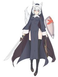 Rule 34 | 1girl, absurdres, alternate costume, animal ears, black dress, black gloves, black thighhighs, breasts, brown footwear, commentary request, dress, gloves, habit, hair between eyes, highres, holding, holding sword, holding weapon, inubashiri momiji, long sleeves, looking at viewer, medium breasts, nun, panties, parted lips, red eyes, scabbard, sheath, side-tie panties, simple background, solo, sword, taeminhyeon, tail, thighhighs, touhou, underwear, weapon, white background, white hair, white thighhighs, wolf ears, wolf girl, wolf tail