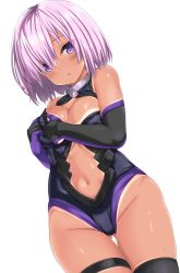 Rule 34 | 1girl, :o, adjusting clothes, adjusting leotard, bad id, bad pixiv id, bare shoulders, black gloves, black thighhighs, blush, breasts, center opening, cleavage, closed eyes, cowboy shot, dark-skinned female, dark skin, dutch angle, fate/grand order, fate (series), gloves, gluteal fold, groin, hair over one eye, highres, leotard, looking at viewer, mash kyrielight, medium breasts, navel, nijimotohiro k, one-piece tan, open mouth, pink hair, purple eyes, shiny skin, short hair, solo, standing, stomach, sweat, tan, tanline, thigh gap, thighhighs
