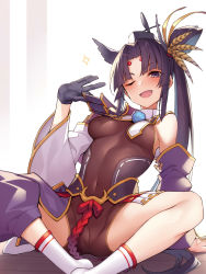Rule 34 | armor, asymmetrical clothes, asymmetrical sleeves, bodysuit, bodysuit under clothes, breast curtains, clothes lift, fate/grand order, fate (series), feather hair ornament, feathers, hair ornament, hat, highres, japanese armor, kodama yuu, kusazuri, mismatched sleeves, pom pom (clothes), purple sleeves, revealing clothes, shoulder armor, side ponytail, simple background, single pantsleg, sitting, sode, solo, tate eboshi, underwear, ushiwakamaru (fate), ushiwakamaru (tour outfit) (fate), white sleeves