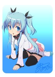 Rule 34 | 10s, 1girl, arm support, black thighhighs, blue eyes, blue hair, blush, boots, kuri youkan, long hair, looking at viewer, matching hair/eyes, noel (sora no method), open mouth, sitting, solo, sora no method, thighhighs, two side up, wariza