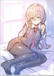 Rule 34 | 1girl, adjusting eyewear, arm support, between breasts, blush, breasts, fate/grand order, fate (series), glasses, grey background, mash kyrielight, necktie, necktie between breasts, pantyhose, purple eyes, purple hair, red necktie, rei (rei&#039;s room), sketch, skirt, solo, thighband pantyhose, window